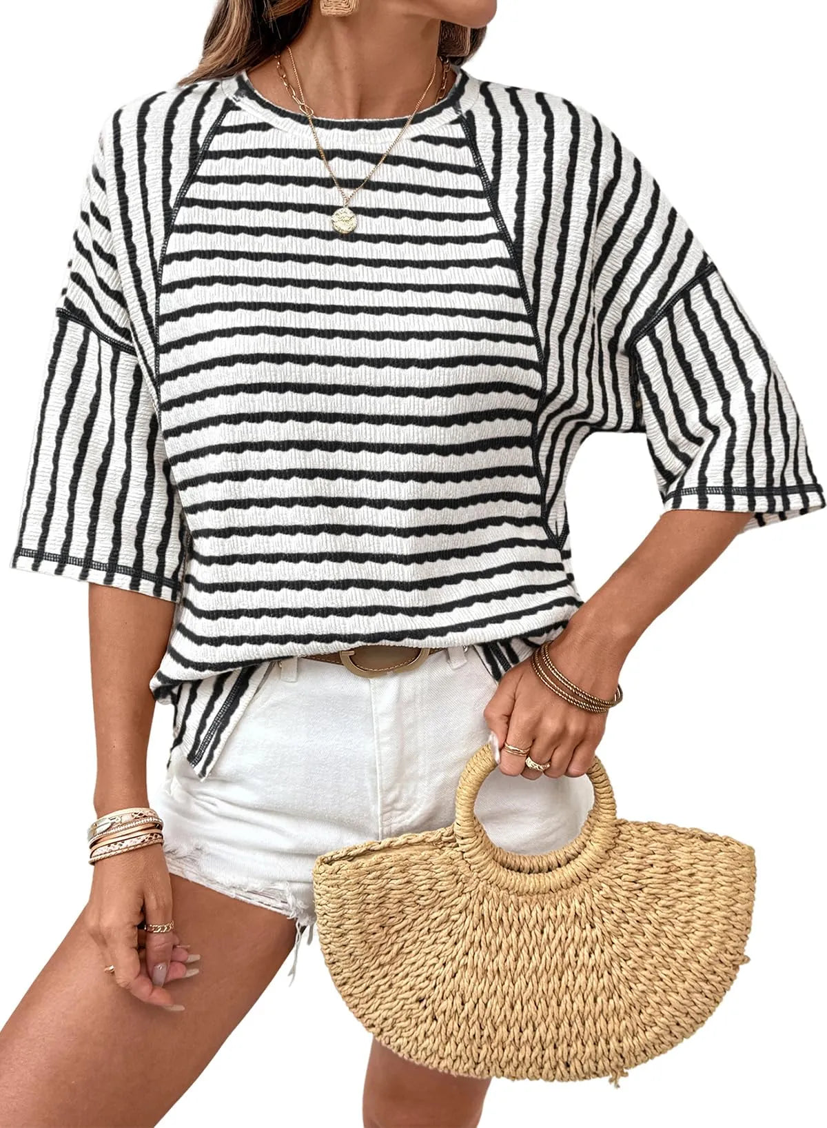Striped Knit Split Hem Top – Crewneck, Relaxed Fit