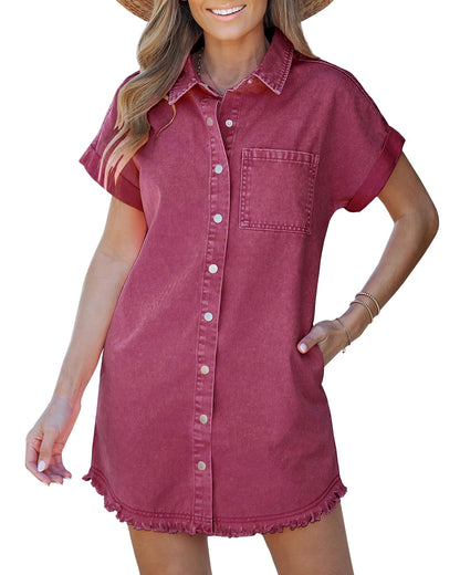 Frayed Hem Denim Shirt Dress – Button Front, Side Pockets, Relaxed Fit