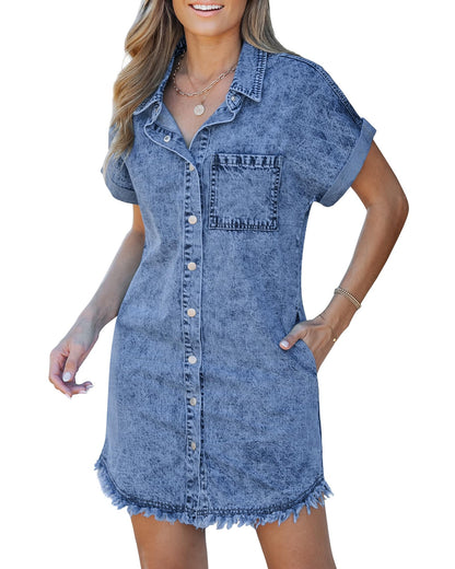 Frayed Hem Denim Shirt Dress – Button Front, Side Pockets, Relaxed Fit