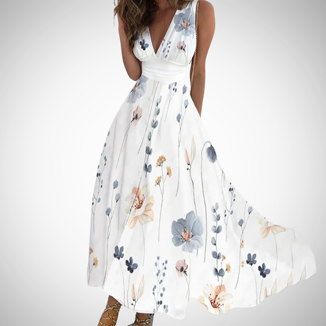 Women's Floral Print Maxi Dress – Sleeveless V-Neck Wrap Waist
