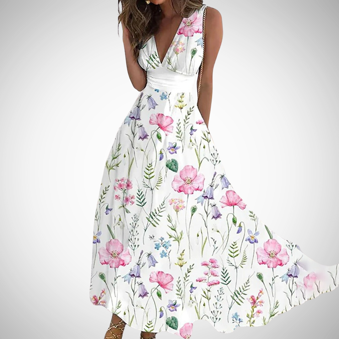 Women's Floral Print Maxi Dress – Sleeveless V-Neck Wrap Waist
