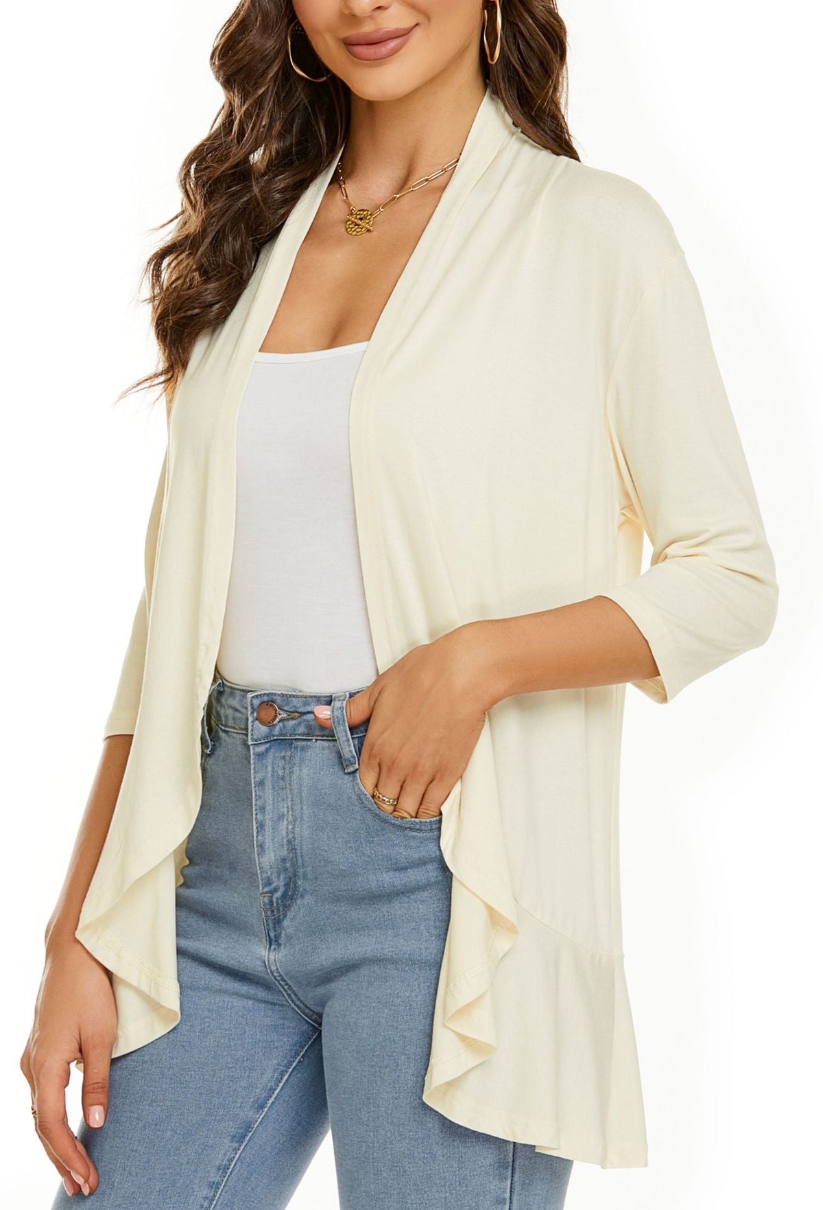 Lightweight Open Front Cardigan – Soft Rayon Blend, 3/4 Sleeve