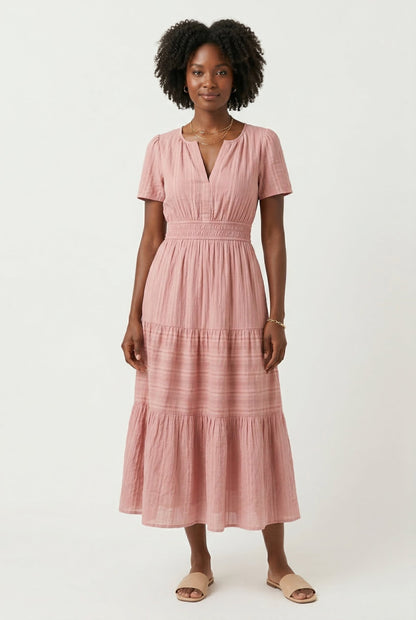 Smocked Waist Long Dress –  V-Neck, Puff Sleeves & Pockets