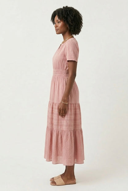 Smocked Waist Long Dress –  V-Neck, Puff Sleeves & Pockets
