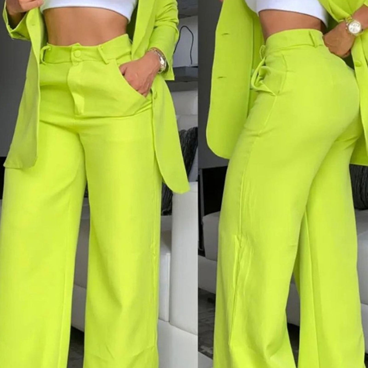 Ruffle Sleeve Blazer & Wide-Leg Pants Set – 2-Piece Business Suit
