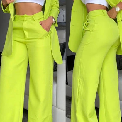 Ruffle Sleeve Blazer & Wide-Leg Pants Set – 2-Piece Business Suit
