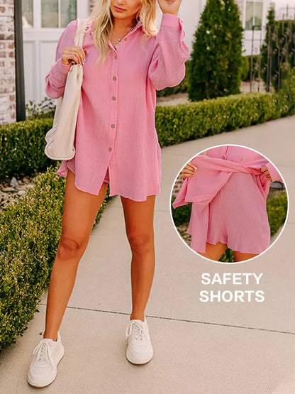 Gauze Button-Up Shirt & High-Waisted Shorts Set – Relaxed Fit