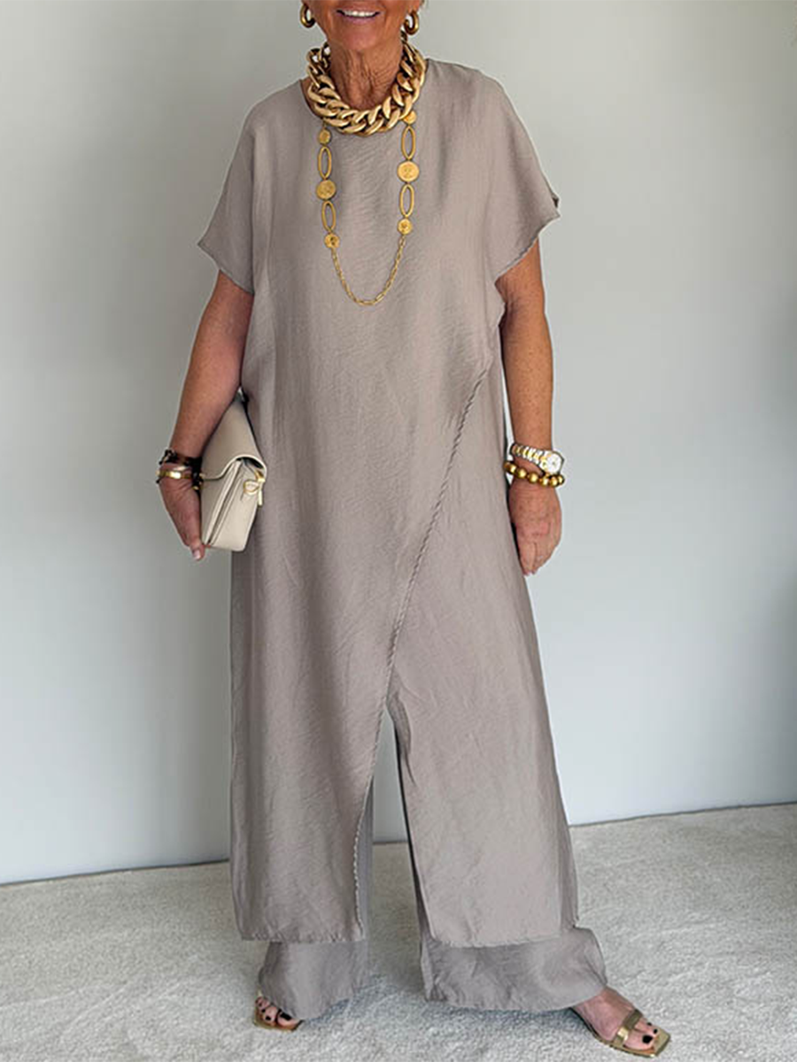 Two Piece Knit Lounge Set with Asymmetrical Hem – Cozy Casual Matching Set for Women