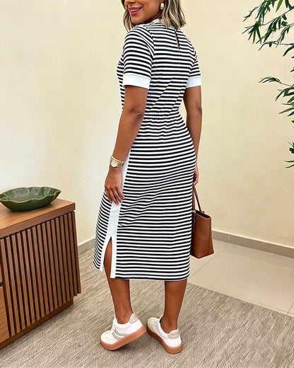 Striped Waist-Cinching Midi Dress – Crew Neck