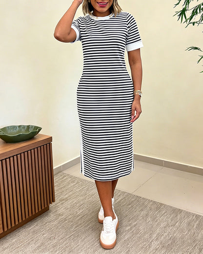 Striped Waist-Cinching Midi Dress – Crew Neck