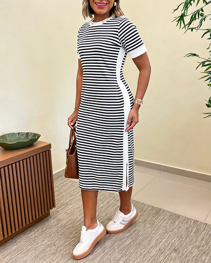 Striped Waist-Cinching Midi Dress – Crew Neck