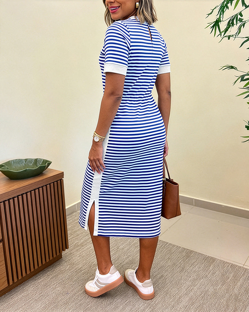 Striped Waist-Cinching Midi Dress – Crew Neck
