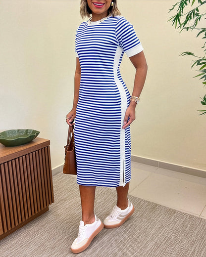Striped Waist-Cinching Midi Dress – Crew Neck