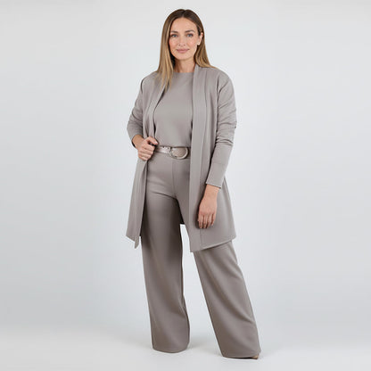 Soft Knit 3-Piece Set – Long Cardigan, Shell Top & Wide-Leg Pants