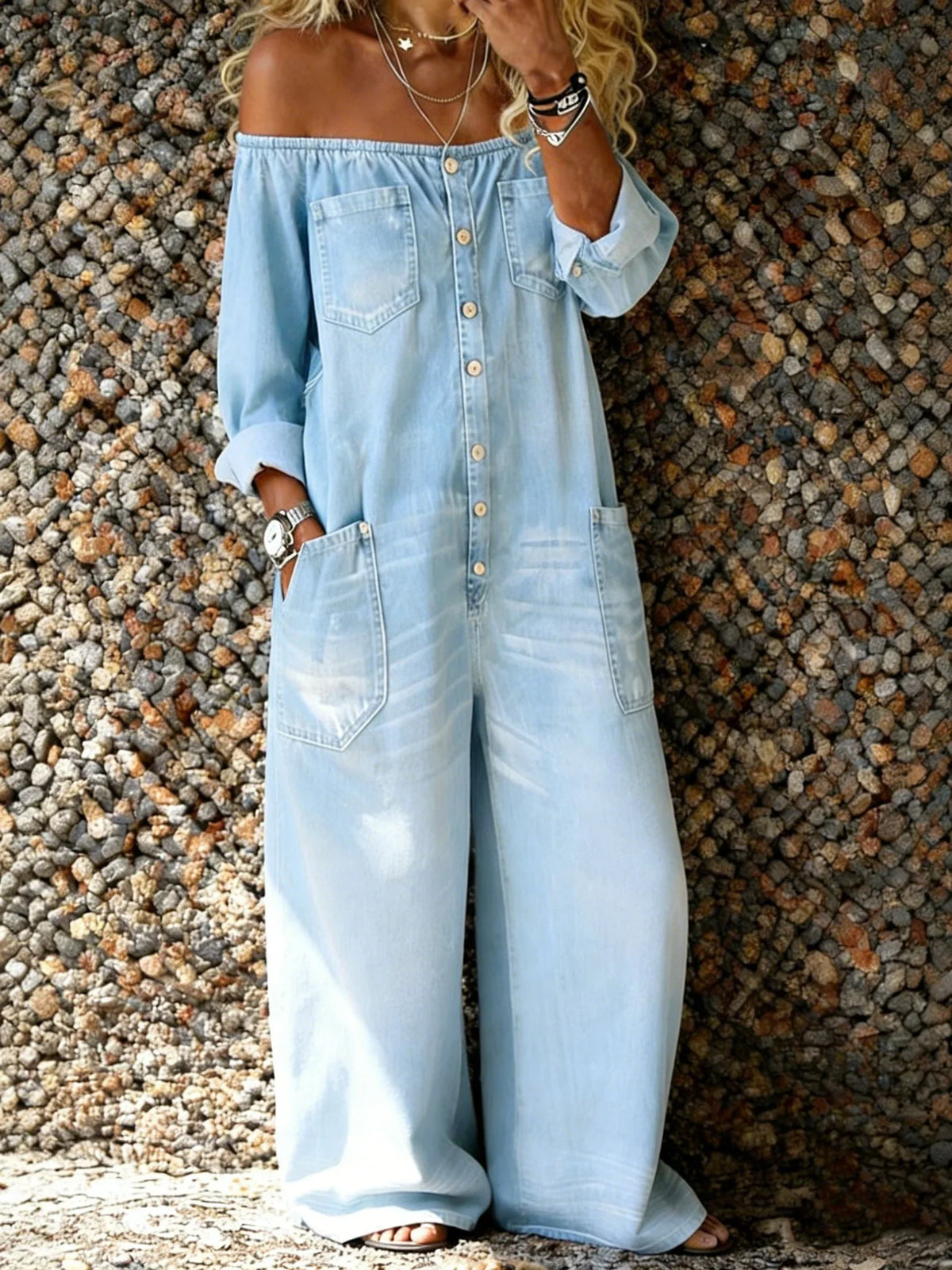 Women's Casual Long Sleeve Washed Cotton Denim Jumpsuit