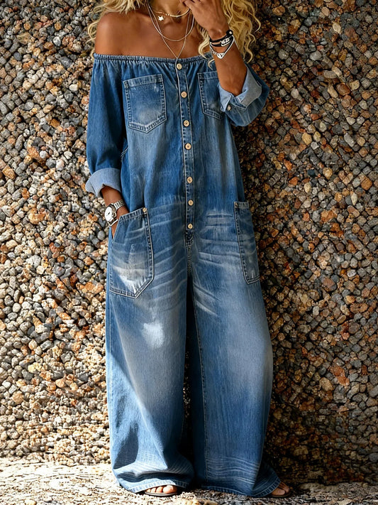 Women's Casual Long Sleeve Washed Cotton Denim Jumpsuit