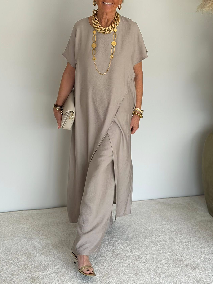 Two Piece Knit Lounge Set with Asymmetrical Hem – Cozy Casual Matching Set for Women