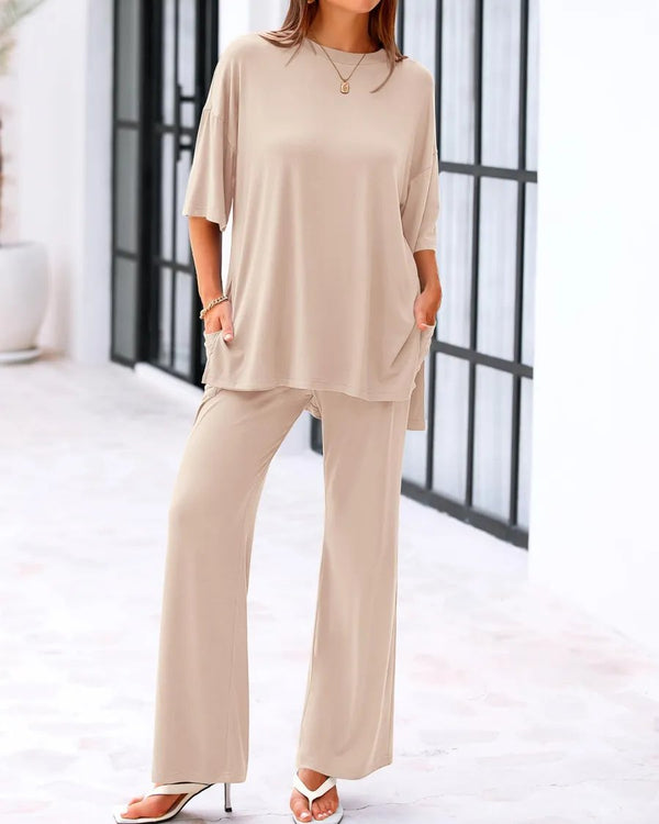 Loose-Fit 2-Piece Set – Short Sleeve Top & Wide-Leg Pants with Pockets