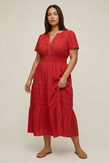 Smocked Waist Long Dress –  V-Neck, Puff Sleeves & Pockets