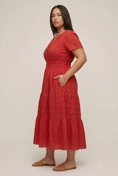 Smocked Waist Long Dress –  V-Neck, Puff Sleeves & Pockets