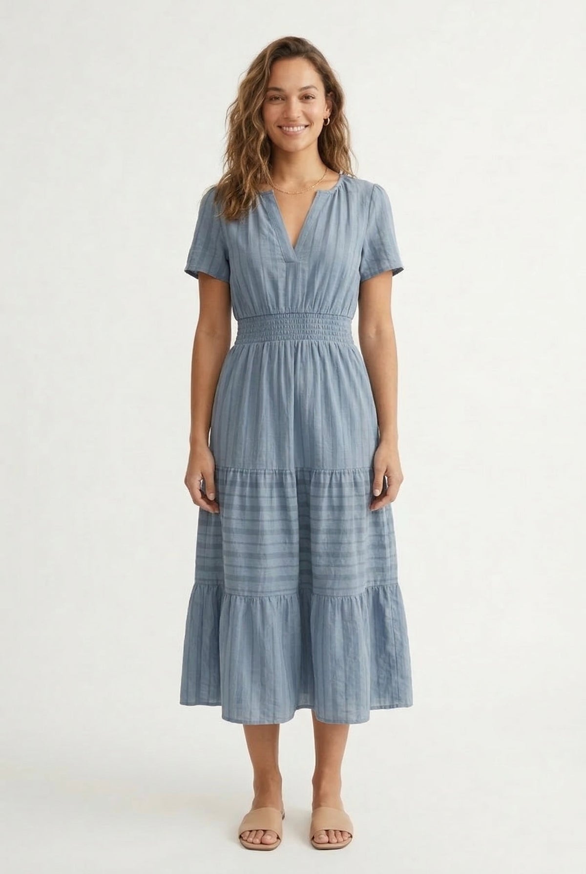 Smocked Waist Long Dress –  V-Neck, Puff Sleeves & Pockets
