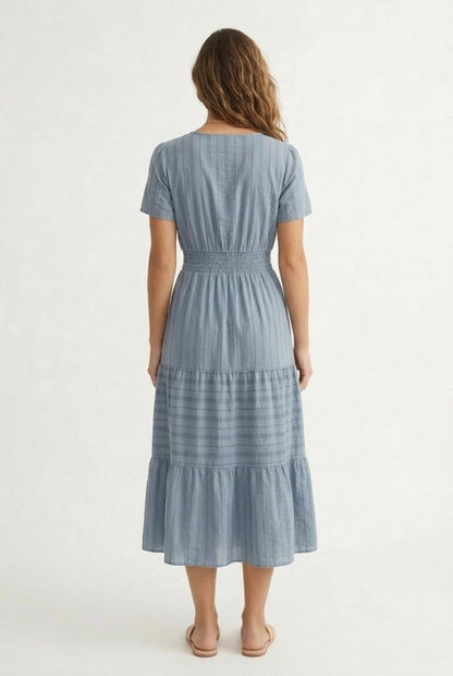 Smocked Waist Long Dress –  V-Neck, Puff Sleeves & Pockets