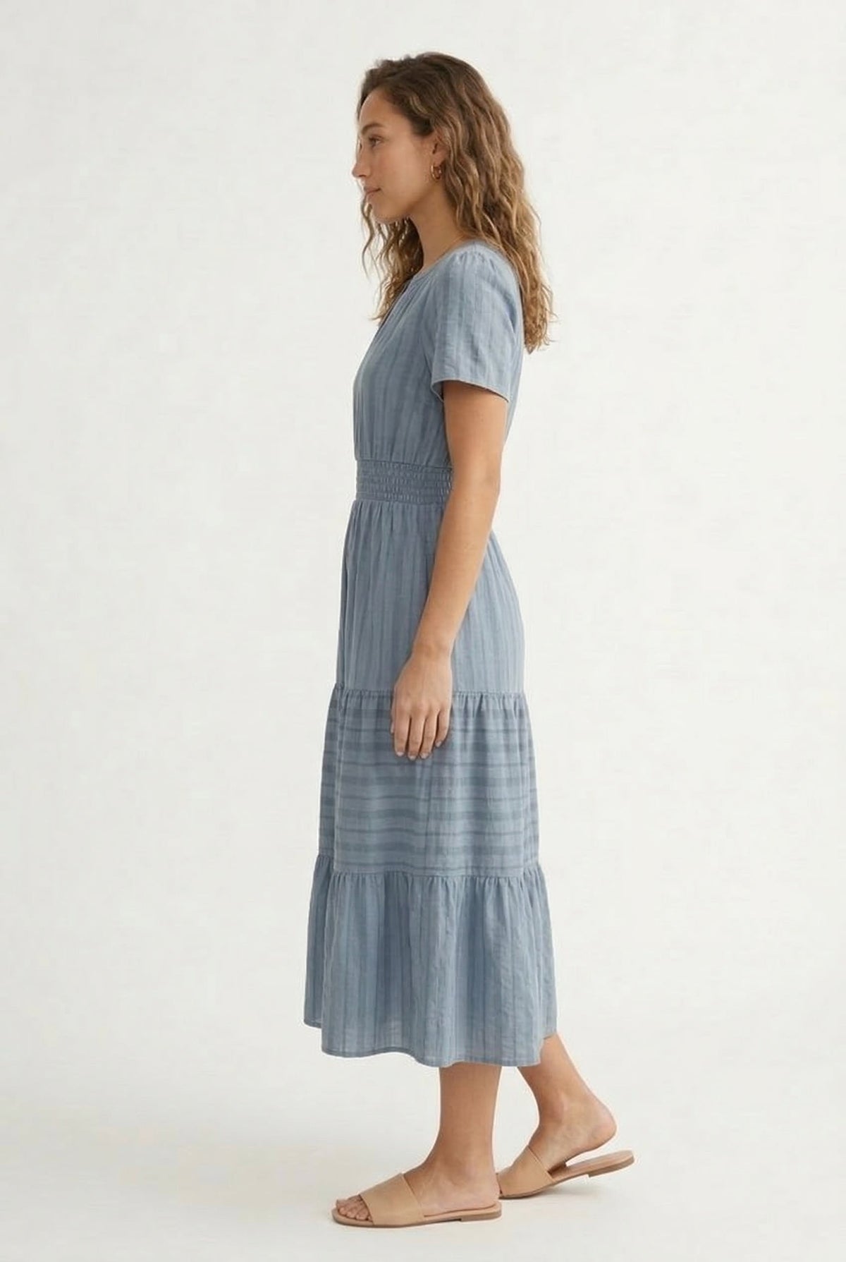 Smocked Waist Long Dress –  V-Neck, Puff Sleeves & Pockets