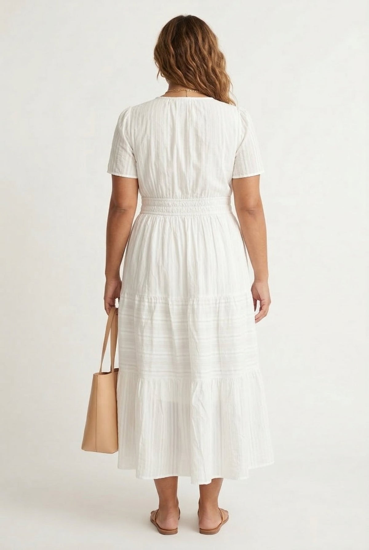 Smocked Waist Long Dress –  V-Neck, Puff Sleeves & Pockets