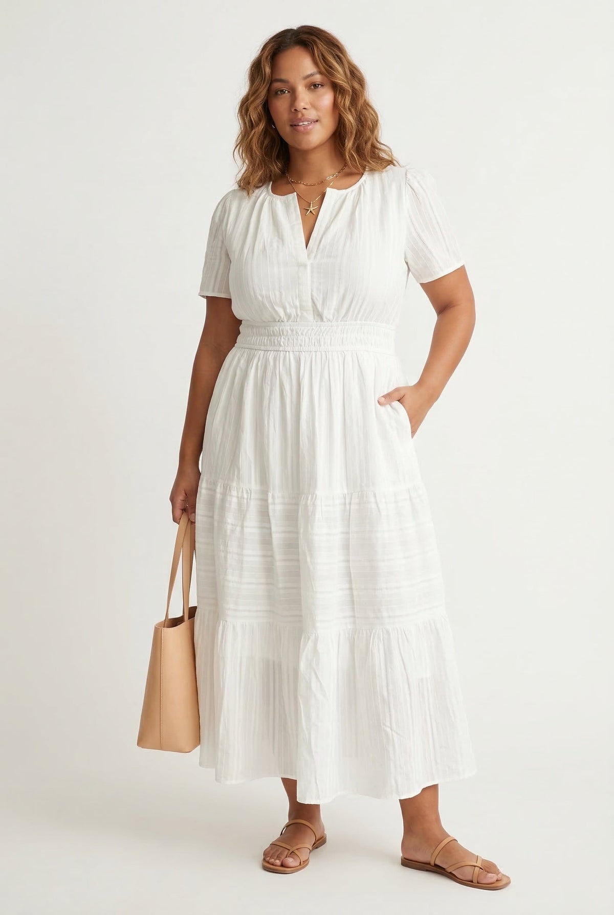 Smocked Waist Long Dress –  V-Neck, Puff Sleeves & Pockets