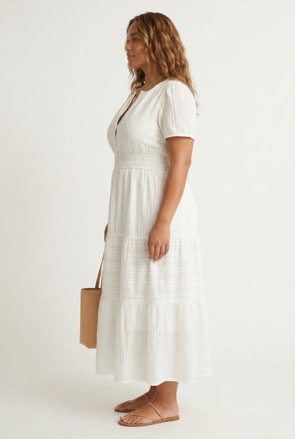 Smocked Waist Long Dress –  V-Neck, Puff Sleeves & Pockets