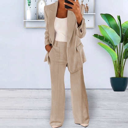 Soft Tailored Blazer & Wide-Leg Pants Set – 2-Piece Casual Suit
