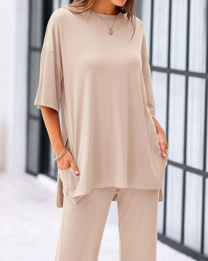 Loose-Fit 2-Piece Set – Short Sleeve Top & Wide-Leg Pants with Pockets