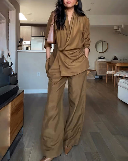 Women's Two-Piece Commuter Set – Long Sleeve Shirt & Elastic Waist Pants