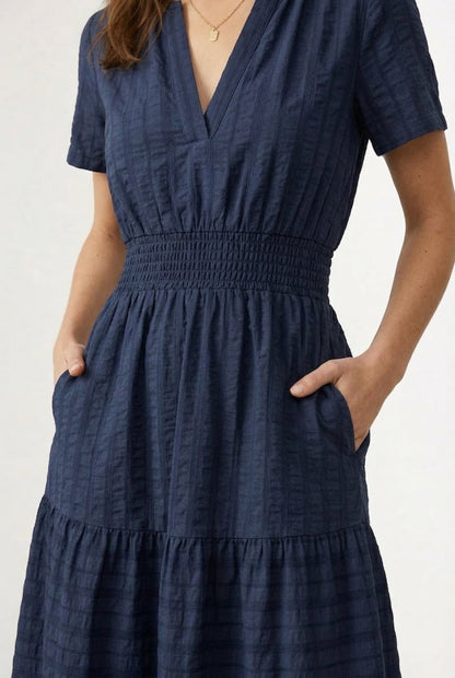 Smocked Waist Long Dress –  V-Neck, Puff Sleeves & Pockets