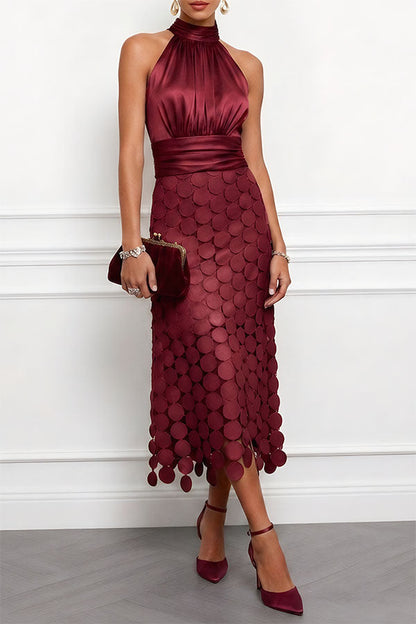 Women's Elegant Halter Neck Textured Midi Dress
