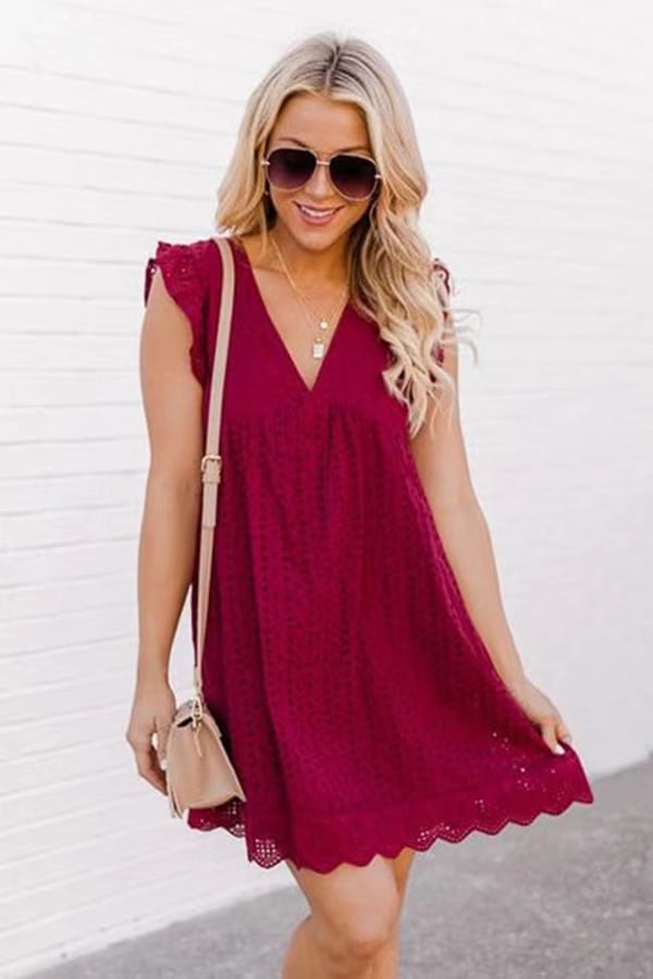 Women's Summer V-Neck Lace Dress – Short Sleeve Hollow Eyelet Dress