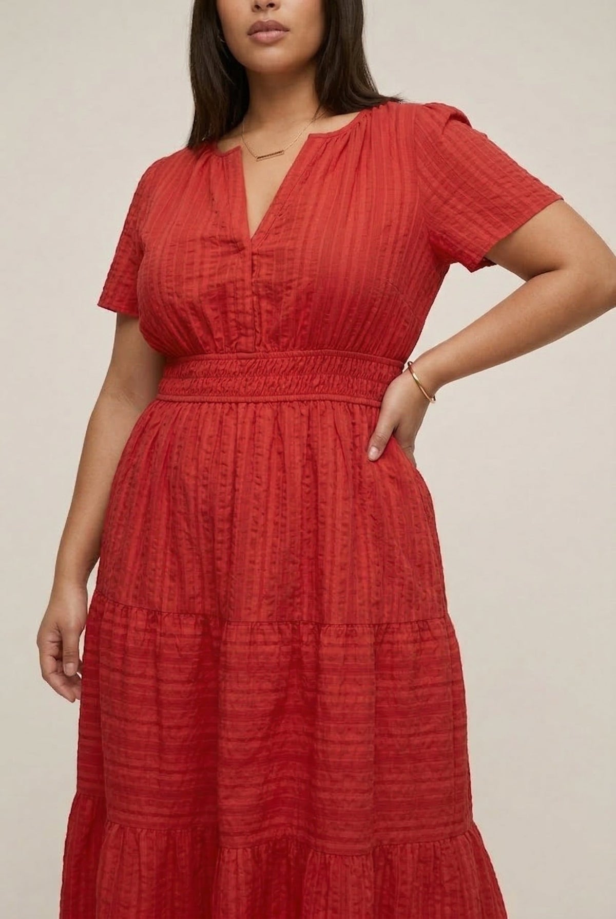Smocked Waist Long Dress –  V-Neck, Puff Sleeves & Pockets