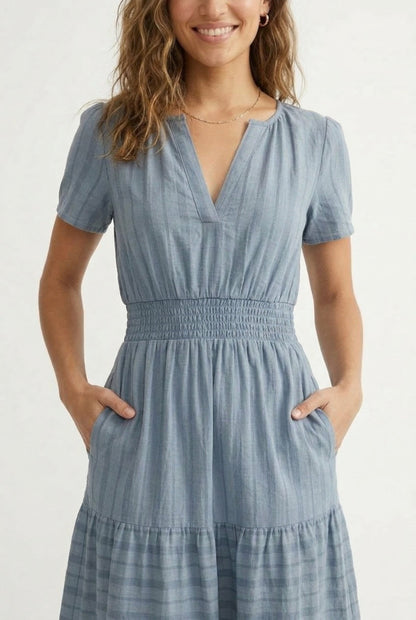 Smocked Waist Long Dress –  V-Neck, Puff Sleeves & Pockets