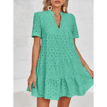 Eyelet Lace flowing dress – V-Neck, Short Sleeve, Relaxed Fit