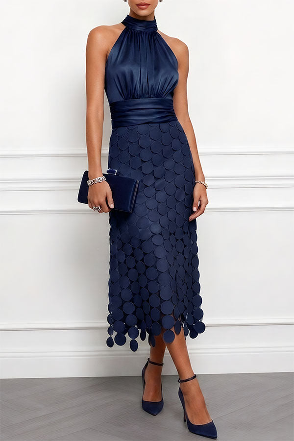Women's Elegant Halter Neck Textured Midi Dress