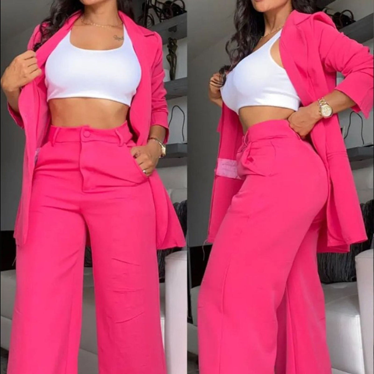 Ruffle Sleeve Blazer & Wide-Leg Pants Set – 2-Piece Business Suit