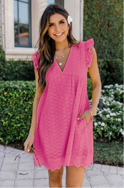 Women's Summer V-Neck Lace Dress – Short Sleeve Hollow Eyelet Dress