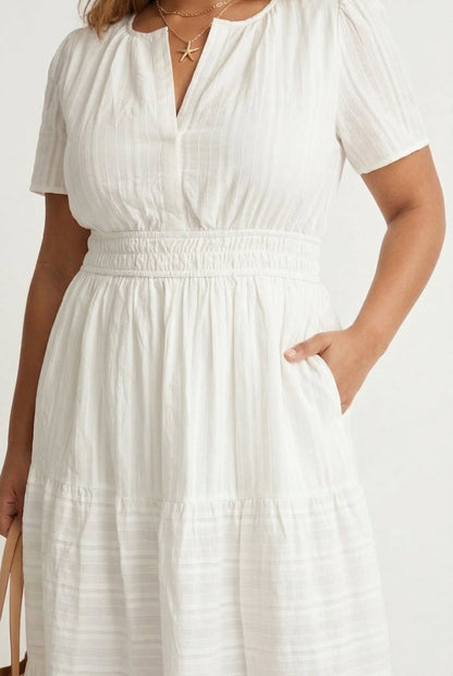 Smocked Waist Long Dress –  V-Neck, Puff Sleeves & Pockets