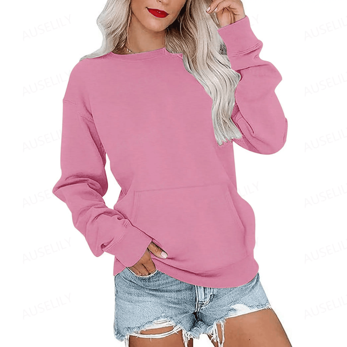 Hoodless Crewneck Sweatshirt – Kangaroo Pocket, Relaxed Fit, Lightweight Fleece