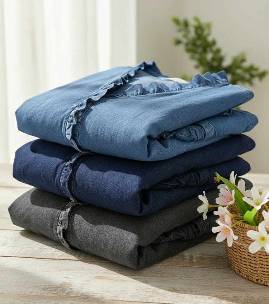 Women's Casual Denim Blouse – V-Neck Ruffled Collar & 3/4 Sleeves