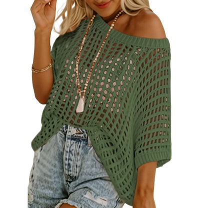 Crochet Hollow-Out Knit Top – 3/4 Sleeve, Lightweight Summer Pullover