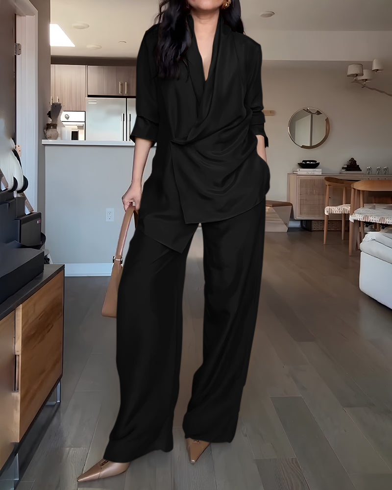 Women's Two-Piece Commuter Set – Long Sleeve Shirt & Elastic Waist Pants