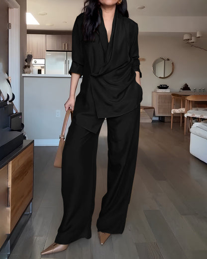 Women's Two-Piece Commuter Set – Long Sleeve Shirt & Elastic Waist Pants