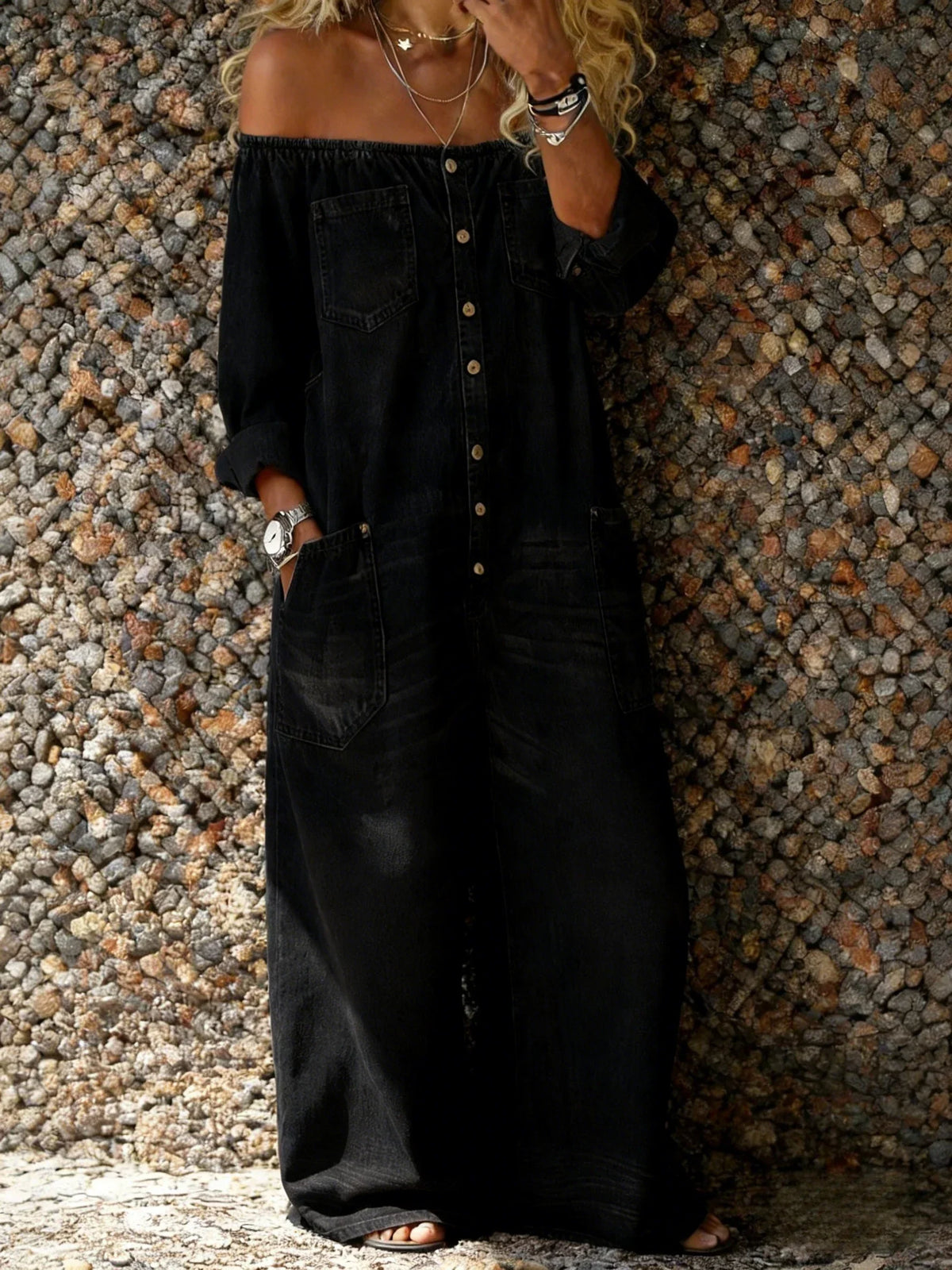 Women's Casual Long Sleeve Washed Cotton Denim Jumpsuit