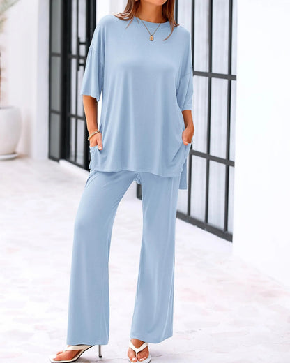 Loose-Fit 2-Piece Set – Short Sleeve Top & Wide-Leg Pants with Pockets